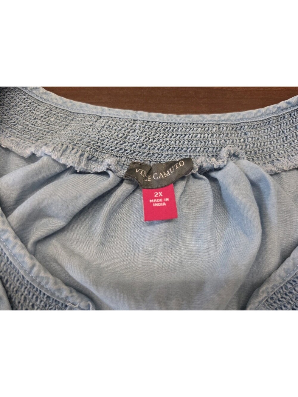 Vince Camuto Tencel Chambray Tie Front Top Smocked Waist Light Blue 2X Plus Size - Picture 3 of 6